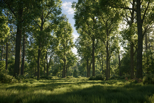landscape with spacious deciduous forest meadow beneath a bright broken canopy, photorealistic