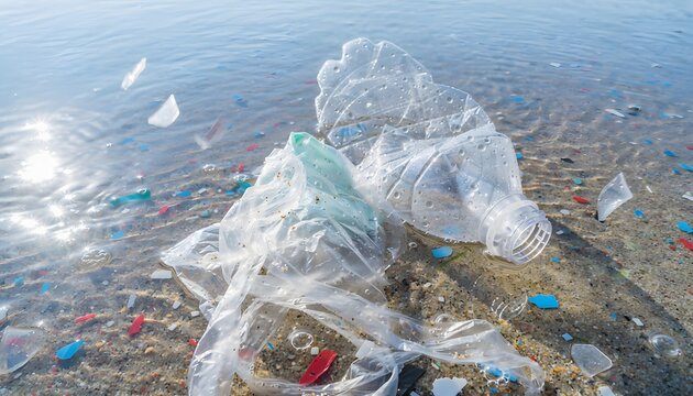 Environmental pollution photo showing plastic bottle and clear bag waste floating in shallow ocean water over sandy shore littered with microplastics