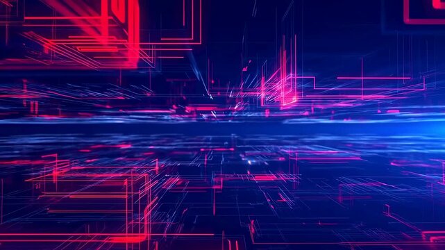 Neon digital grid lines stream through a dark futuristic space toward a central vanishing point. Technology presentations, cybersecurity campaigns, and software promotion.