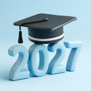 Render shows number 2027 in soft clay with a graduation cap placed on the first digit against a powder blue backdrop