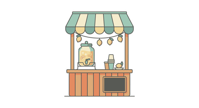 Classic wooden lemonade stand counter with striped fabric roof.