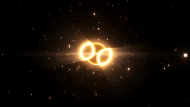 Glowing interlocking rings rotate amid particles in dark abstract space. Technology presentations, digital branding, and science intros.