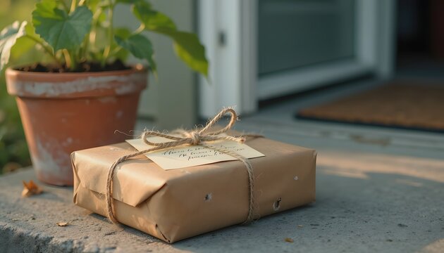 Small parcel gift wrapped in rustic brown craft paper tied with natural twine string sitting outside house doorstep background