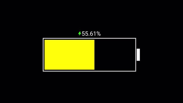 Mobile phone battery charging animation on transparent background, battery fast charging 4k animation, digital battery loading with alpha channel,  battery charge animation filling up from 0 to 100%