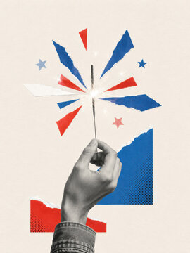 Hand holding a lit sparkler surrounded by torn paper rays and stars on a pale patriotic collage background with copy space
