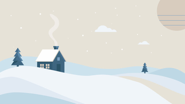 Winter cottage with smoke rising from chimney