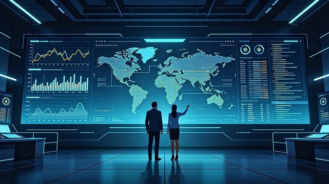 Two people watching large data display with world map in control room