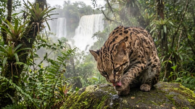 Oncilla wild cat grooming its paw in a lush tropical rainforest with a waterfall background