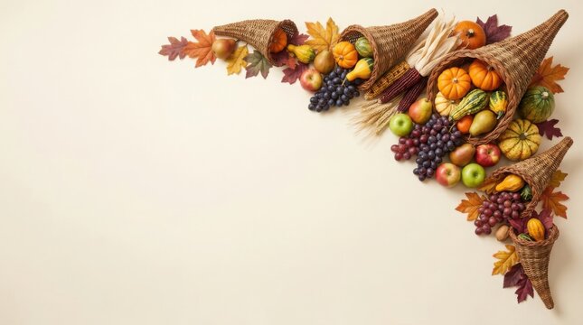Festive thanksgiving cornucopia arrangement with autumn harvest fruits and colorful fall leaves on a neutral background