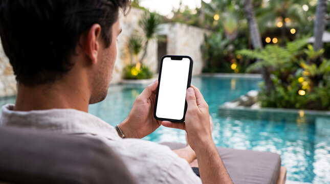 Hand holding mobile smartphone mockup with blank white screen at luxury tropical resort swimming pool for digital travel booking app or social media promotion on summer holiday.
