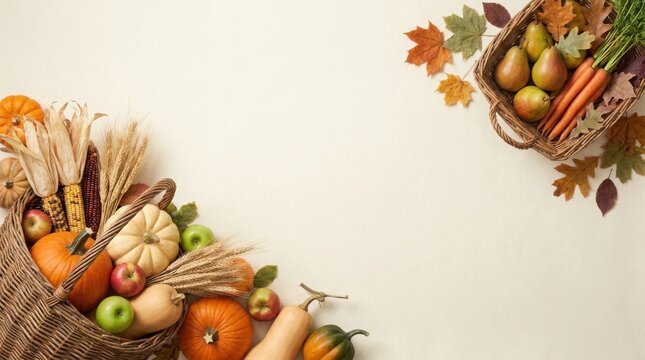 Thanksgiving cornucopia overflowing with fresh autumn harvest vegetables and fruits on a light background with copy space