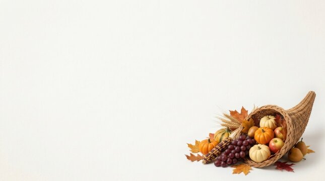 Traditional thanksgiving cornucopia filled with autumn harvest vegetables and colorful fall leaves on a white background