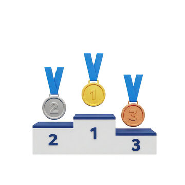 A podium with three medals for first second and third place isolated on transparent background
