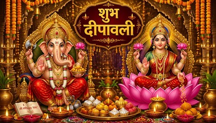 Obraz premium Divine Ganesha Lakshmi Diwali Celebration with Diyas