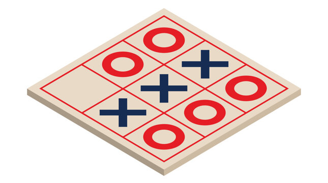 Isometric tic tac toe game board featuring red circles and dark blue crosses on grid