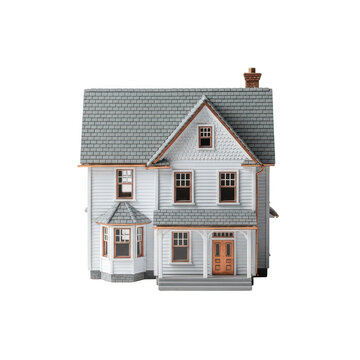 A small white house with a grey roof and orange trim isolated on transparent background