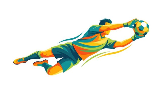 Colorful vector illustration of a soccer goalkeeper diving to catch a ball
