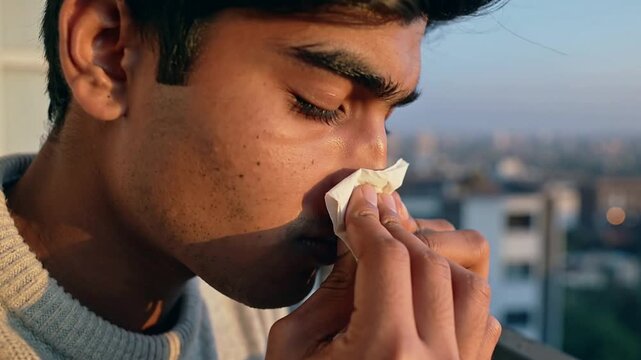 Pinching Indian man pressing tissue to right nostril on balcony in knit sweater, stopping bleed