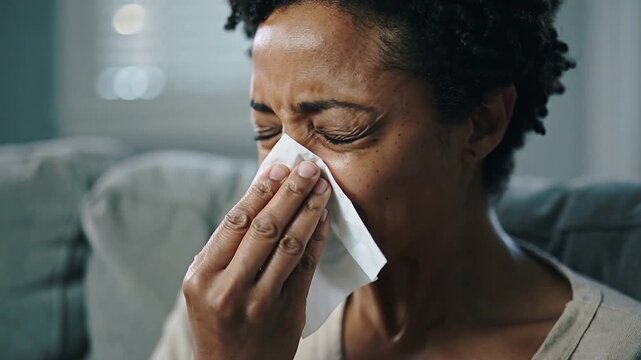 Woman wearing light top wiping face and pressing white tissue on couch, tears welling
