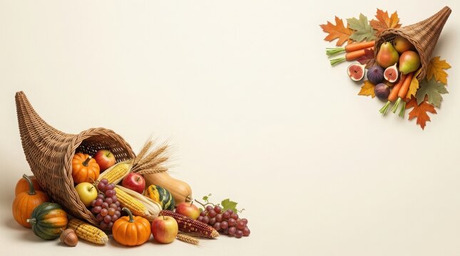 Traditional thanksgiving cornucopia overflowing with autumn harvest fruits and vegetables on a neutral background with copy space