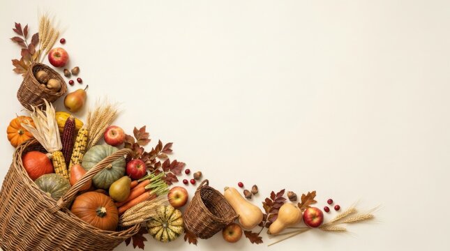 Traditional thanksgiving cornucopia filled with autumn harvest fruits and vegetables on a white background with copy space