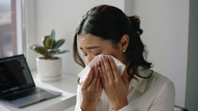 Looking down at tissue, woman in blouse pressing tissue to nose, sneezing to clear at desk