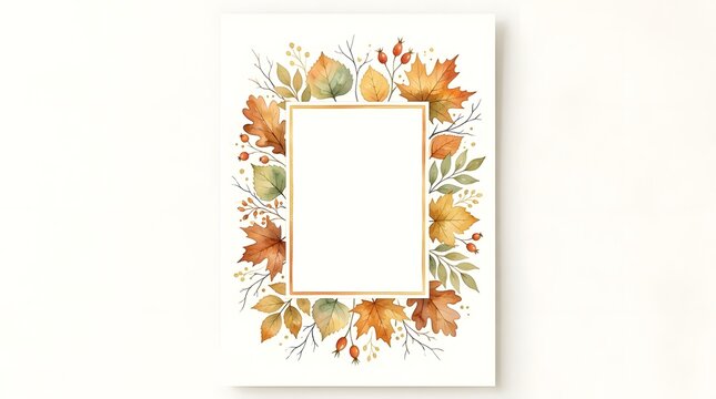 Autumn watercolor frame with fall leaves and berries, isolated on white background