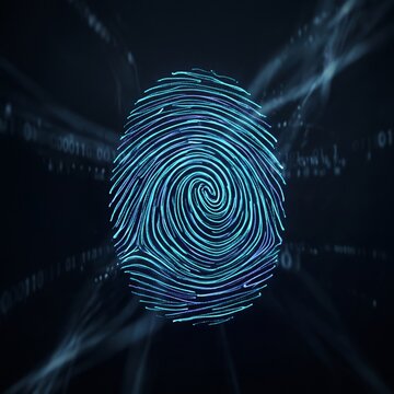 Abstract digital fingerprint made of flowing luminous blue particles on a dark premium background, identity verification concept