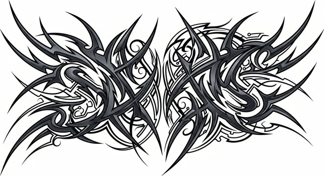 Sharp cybersigilism vector pattern, intertwined digital tribal lines in dark grey, Y2K gothic aesthetic, symmetrical design, isolated on white background