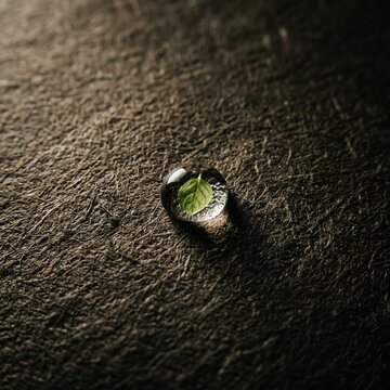 Macro photography of a single glowing water drop on a rough dark asphalt texture, tactile abstract background, deep natural contrast