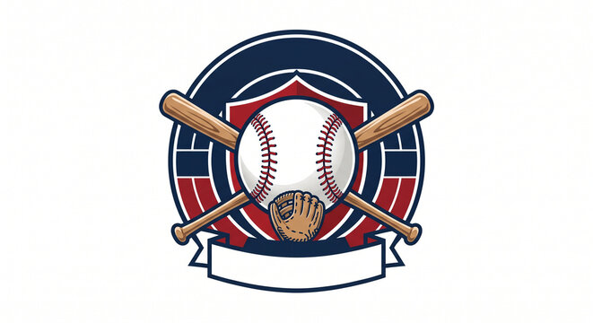 Baseball tournament emblem vector with ball, crossed wooden bats, glove, shield, and blank banner isolated on white