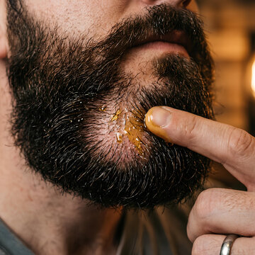 Man applying grooming oil to thick beard.