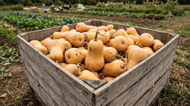 A wooden crate filled with freshly harvested butternut squash sits outdoors during a pumpkin harvest, with a farm field and rows of crops visible in the background under daylight