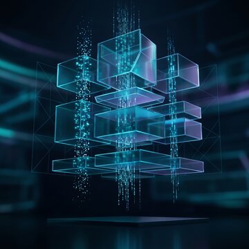 Concept of cloud computing and big data, glowing translucent glass cubes floating in dark space with digital data streams, cinematic lighting