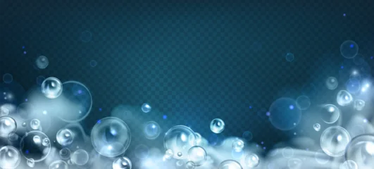 Fotobehang Sportwinkel Realistic frame with soap bubbles and foam on transparent background. Vector illustration of soapy lather and bath steam texture, cleaning or laundry detergent, water splash with shampoo effect  © klyaksun