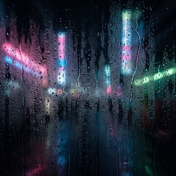 Macro shot of frosted glass with water condensation, dark moody background with blurred cyberpunk city neon lights, cinematic lighting