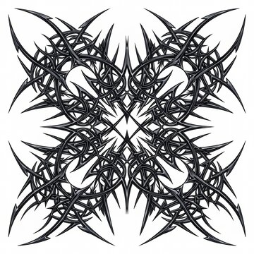 Sharp cybersigilism vector pattern, symmetrical intertwined digital tribal lines in black, Y2K gothic aesthetic, isolated on white background