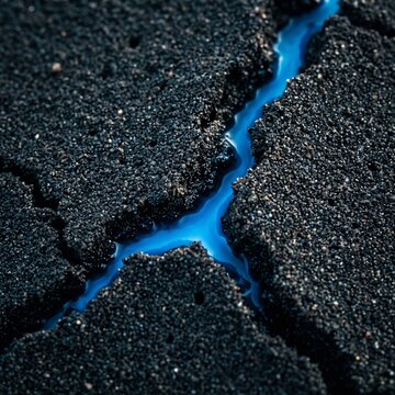 Abstract macro texture of dark volcanic rock with glowing blue liquid running through cracks, deep natural contrast, cinematic lighting