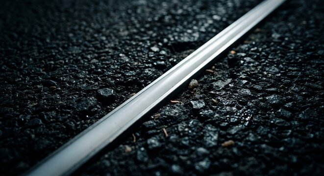 Macro shot of rough dark asphalt texture illuminated by a single sleek strip of white LED light, cinematic lighting