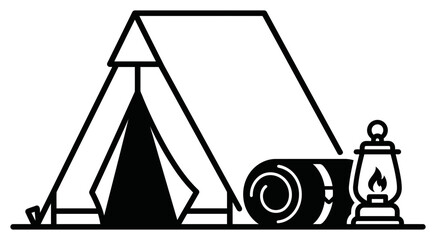 Minimalist black and white vector camping tent with lantern icon © Husnain