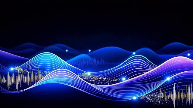 Abstract digital waves with glowing dots and vertical sound wave patterns