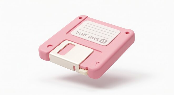 Stylized 3D icon of a retro floppy disk, soft claymorphism style, matte pastel pink, save and data storage concept, pure white background