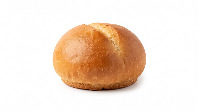 Freshly baked golden dinner roll bun for Thanksgiving holiday meal, isolated on white background.