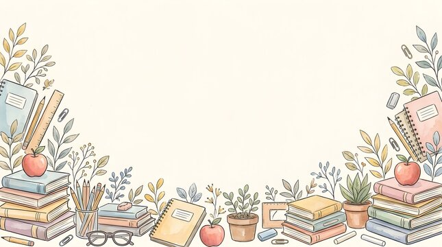 Watercolor Study Desk Border with Books and Plants