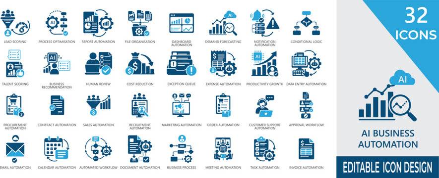 Ai business automation fill icon set. Featuring decision support, agentic workflow, efficiency, intelligence, enterprise, management, process, corporate, and tech.