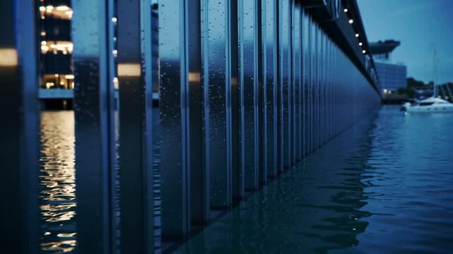Camera tracking metal posts after light rain, droplets streaking at dusk at marina, lights, yacht