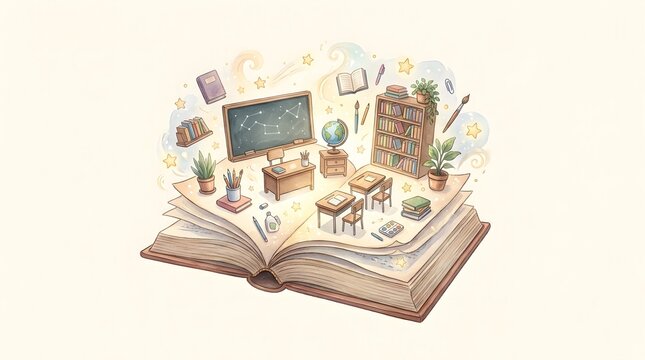 Watercolor Open Book with Magical Classroom Illustration
