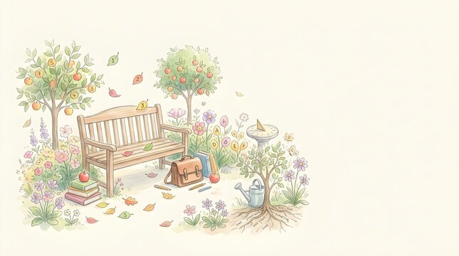 Watercolor Garden Scene with Apple Trees and Bench
