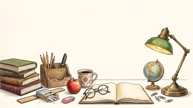 School Supplies Desk with Books and Globe