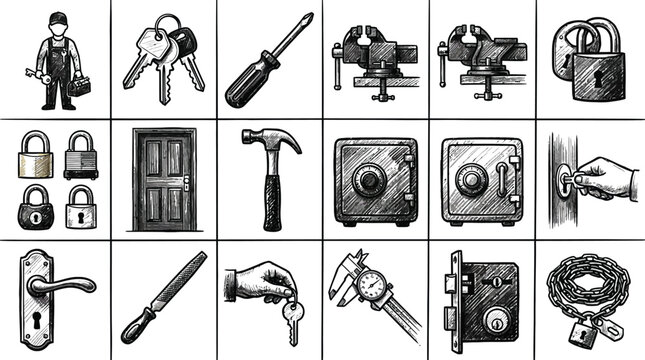Hand drawn collection of locksmith tools and security hardware items rendered in detailed sketch pencil style